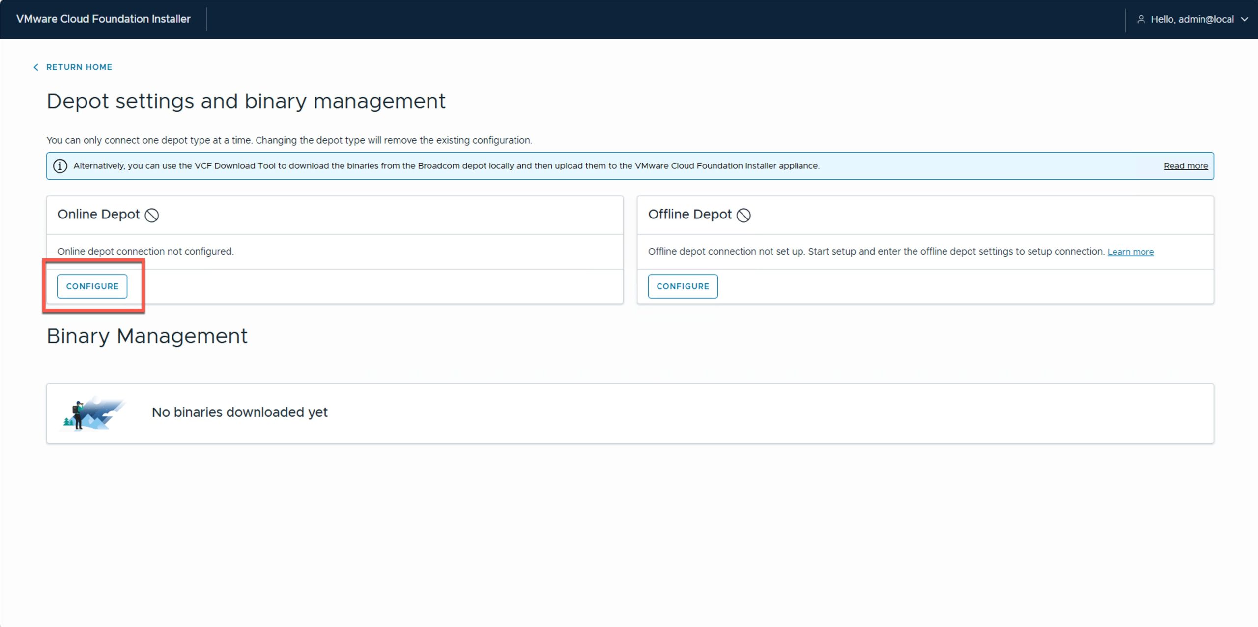 VCF Installer depot settings and binary management, nothing configured yet